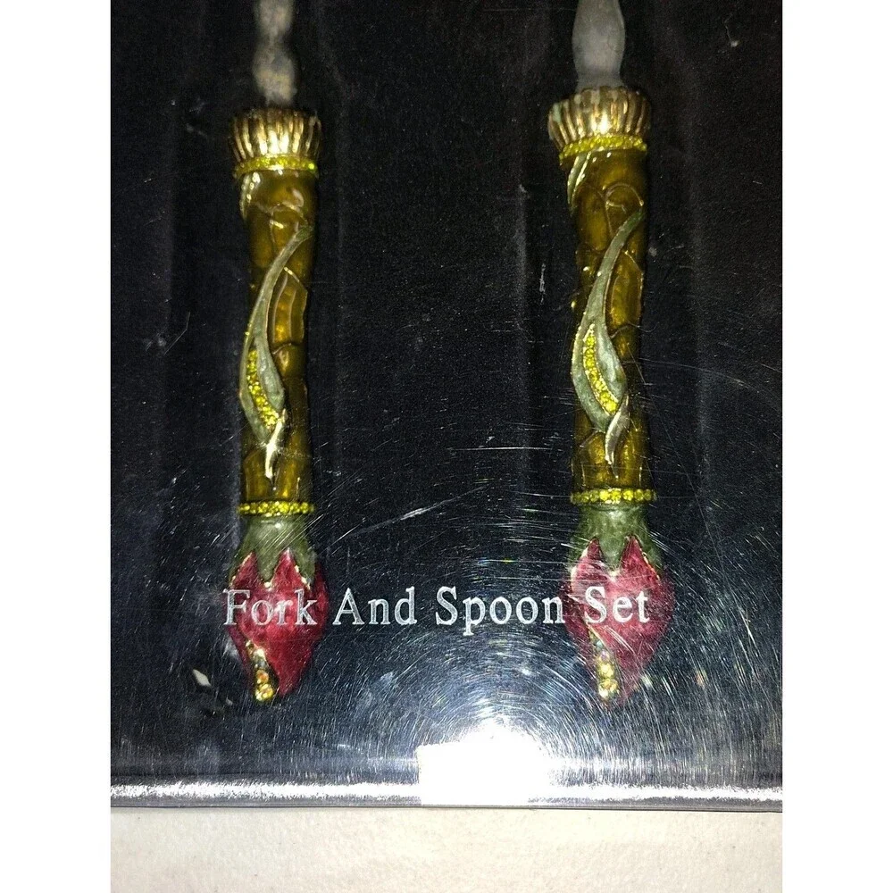 Sainish Ornate Floral Serving Set - Large Fork & Spoon - Jeweled Enamel Handles
